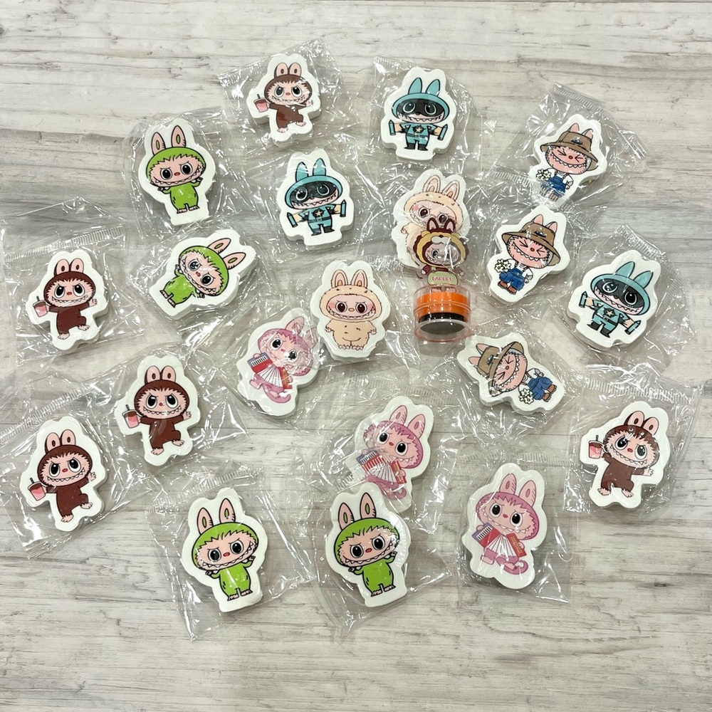 Labubu themed eraser set + 1 Labubu stamp